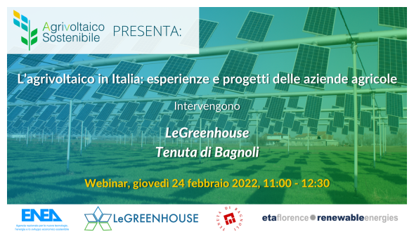 Locandina del webianr sullo sfondo un impianto di agrivoltaico 