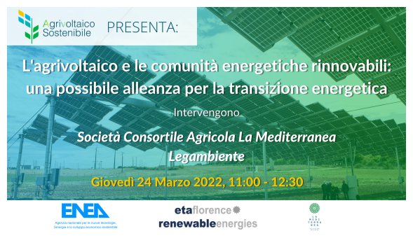 Locandina del webianr sullo sfondo un impianto di agrivoltaico 